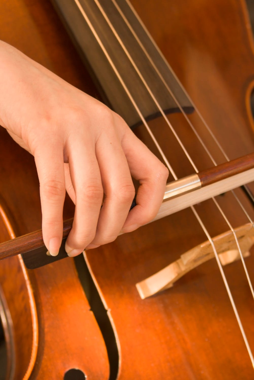 Une main guide l’archet sur les cordes d’un violoncelle.