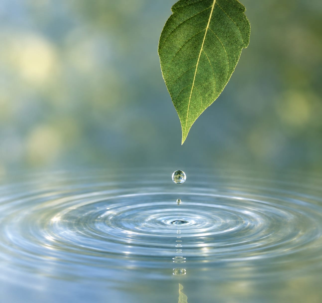 Une feuille au-dessus de l’eau et une goutte propageant des ondes concentriques.